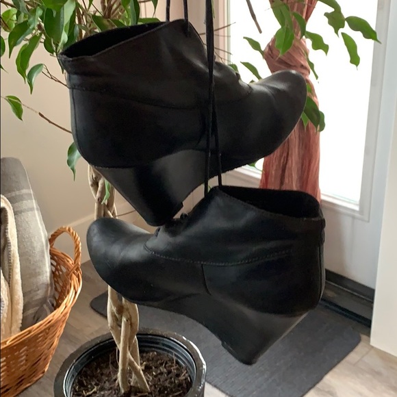 Call It Spring Shoes - Black Laced Ankle Boots with Wedge Heel